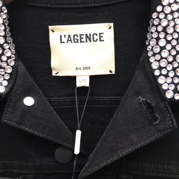 L’Agence, black denim jacket, clear jeweled collar - Picture 3 of 3